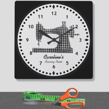 Houndstooth Check Sewing Machine Wall Clock by ClockORama at Zazzle
