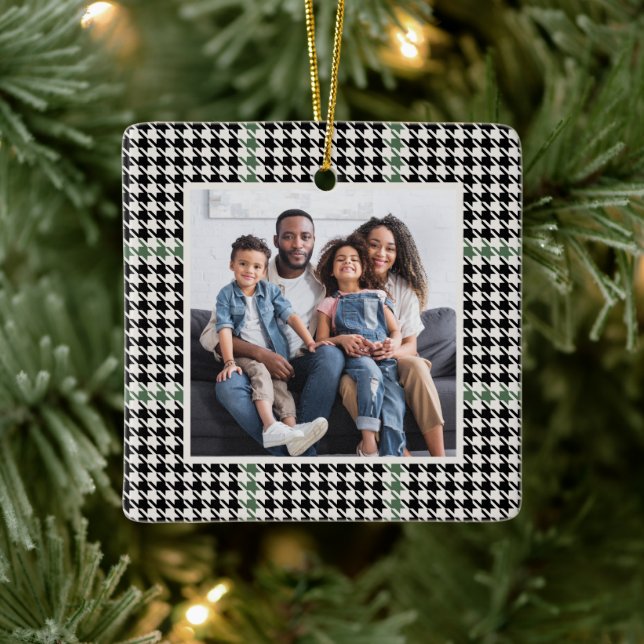 Houndstooth classic green one photo personalized ceramic ornament (Tree)