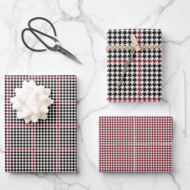 Houndstooth classic holiday black red coordinating wrapping paper sheets (Front)