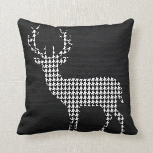 Houndstooth Deer Silhouette on black white Throw Pillow