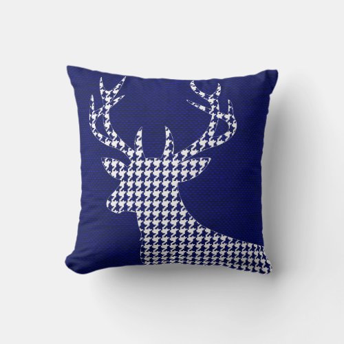 Houndstooth Deer Silhouette on Burlap  navy Throw Pillow