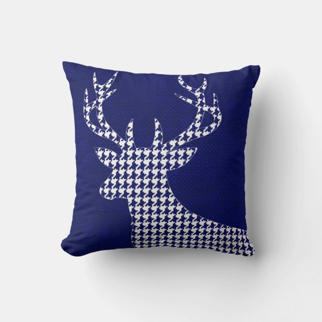 Houndstooth Deer Silhouette on Burlap | navy Throw Pillow (Front)