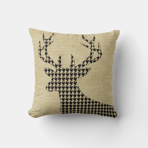 Houndstooth Deer Silhouette on Burlap  wheat Throw Pillow