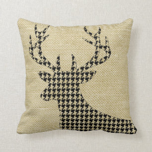 Houndstooth Deer Silhouette on Burlap   wheat Throw Pillow