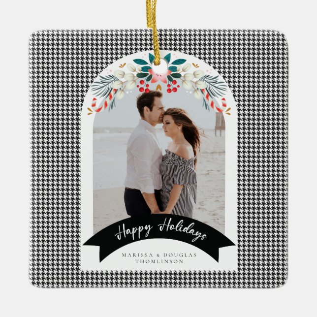 Houndstooth Dome Christmas Holiday Photo Card Ceramic Ornament (Front)