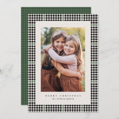 Houndstooth frame green black one photo classic holiday card