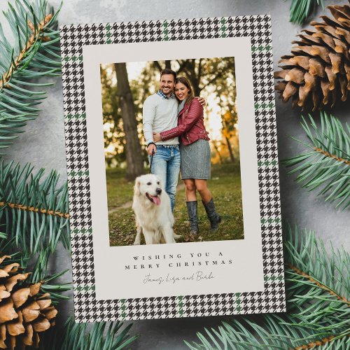 Houndstooth frame green check three photo holiday card