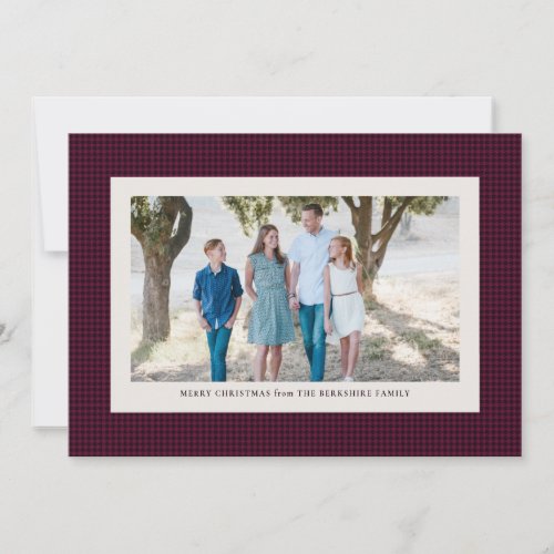 Houndstooth frame plum holiday photo card