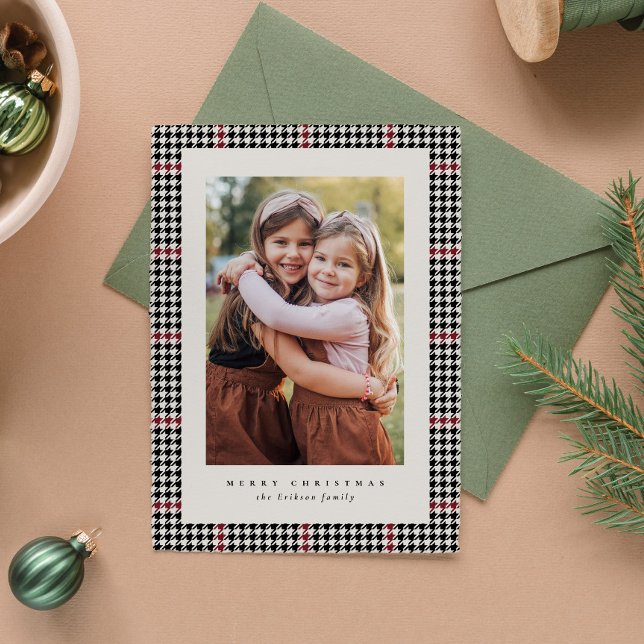 Houndstooth frame red black one photo classic holiday card (Creator Uploaded)
