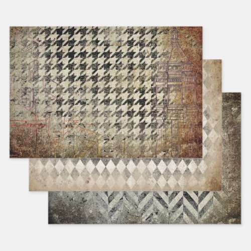 HOUNDSTOOTH HARLEQUIN  HERRINGBONE GRUNGE DECO WRAPPING PAPER SHEETS