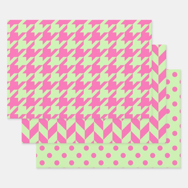 Houndstooth, Herringbone, Dot DIY Celery Pinks Wrapping Paper Sheets (Set)