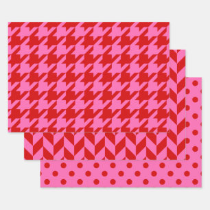 Houndstooth, Herringbone, Dot DIY Color Hot Pk Red Wrapping Paper Sheets