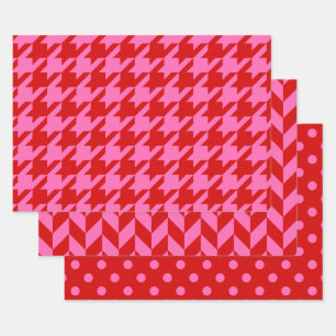 Houndstooth, Herringbone, Dot DIY Colors Red Pink Wrapping Paper Sheets