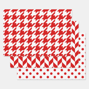 Houndstooth, Herringbone, Dot DIY Colors White Red Wrapping Paper Sheets