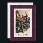 Houndstooth holiday photo card<br><div class="desc">A subtle and classic houndstooth pattern frames a single vertical photo on this elegant holiday card. The simple type allows room for a custom greeting ("Merry Christmas" can be changed to "Happy Holidays" or anything you'd like), family name and year. The background is a festive shade of plum, but it...</div>