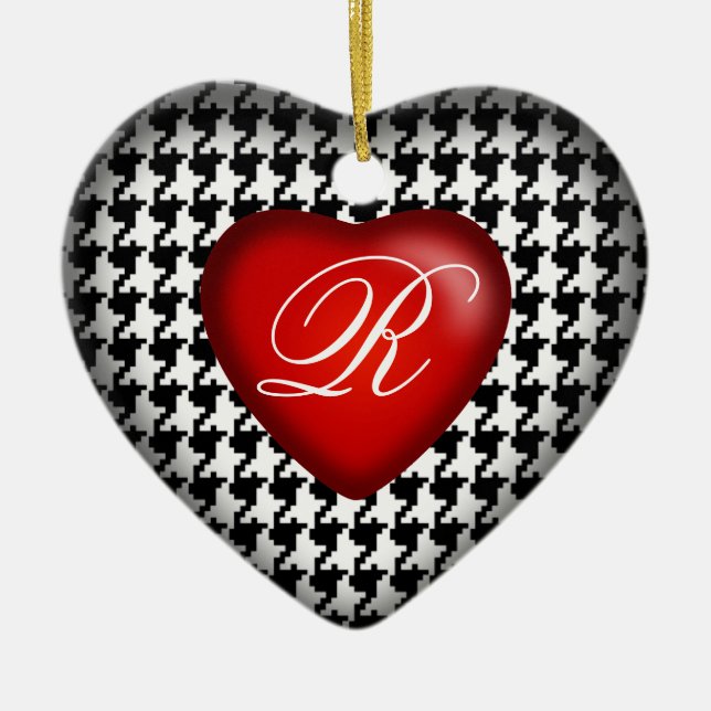 Houndstooth Monogram Heart | black white red Ceramic Ornament (Front)