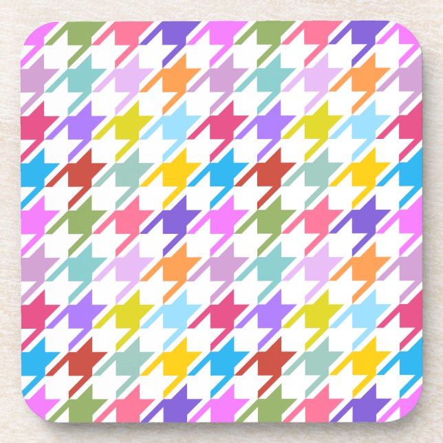 Houndstooth Multicolor+White Big Pattern Beverage Coaster (Front)