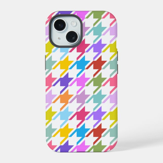 Houndstooth Multicolor+White Big Pattern iPhone 15 Case (Back)