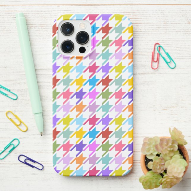 Houndstooth Multicolor+White Pattern iPhone Case (On Desk)