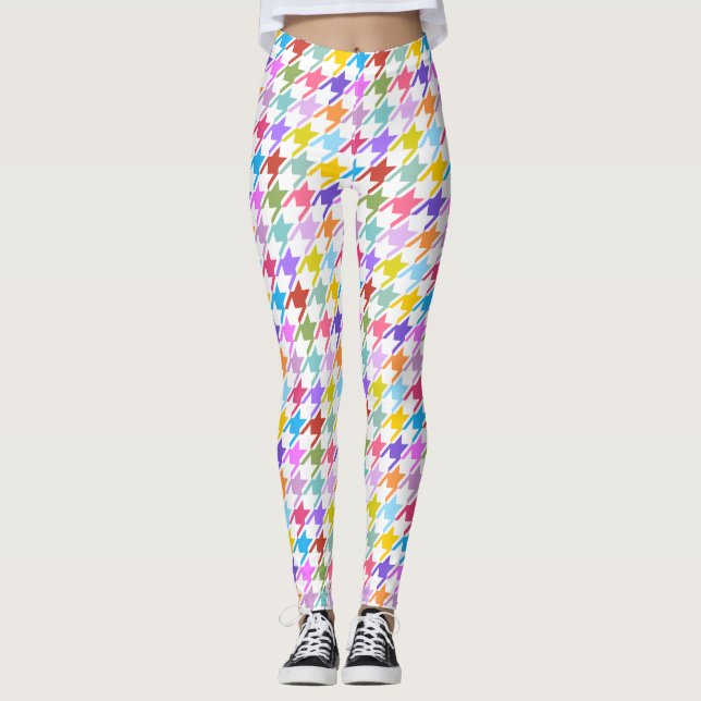 Houndstooth Multicolor+White Pattern Leggings (Front)