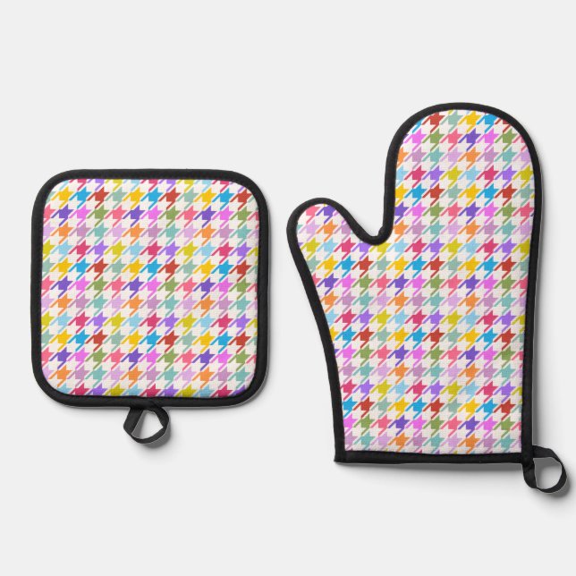 Houndstooth Multicolor+White Pattern Oven Mitt & Pot Holder Set (Front)