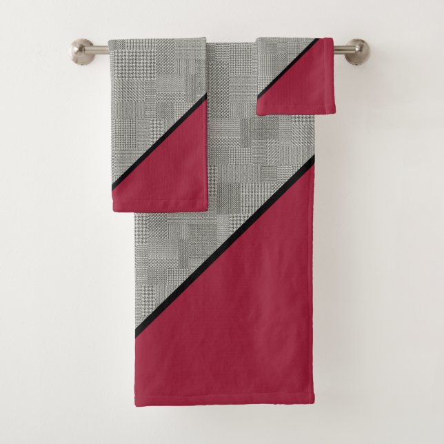 Houndstooth Pattern, Black Stripes, Burgundy Bath Towel Set (Insitu)