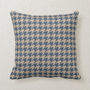 Houndstooth Pattern Denim Blue and Tan Throw Pillow