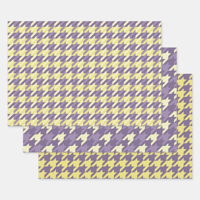 Houndstooth pattern in purple and yellow wrapping paper sheets (Set)
