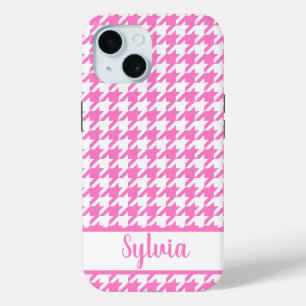 Houndstooth Pattern Pink White Personalized iPhone 15 Case