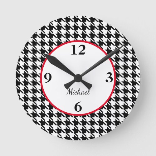 Houndstooth Pattern Red Accent 8_in Acrylic Round Clock