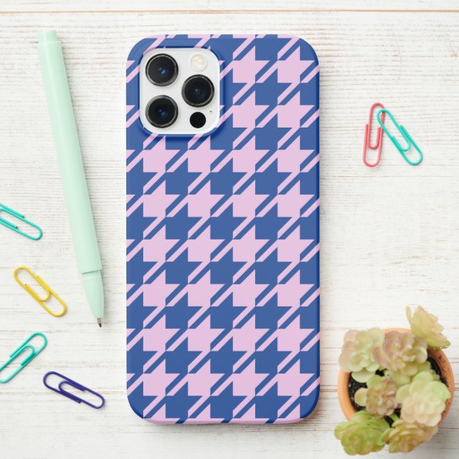 Houndstooth Pink+Blue Pattern iPhone Case (On Desk)