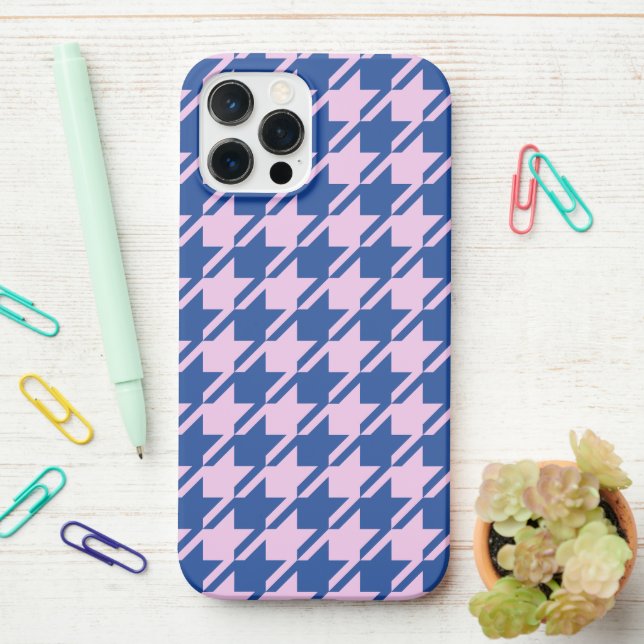 Houndstooth Pink+Blue Pattern iPhone Case (On Desk)