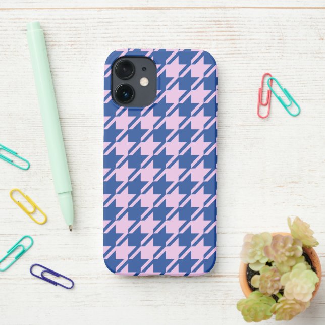 Houndstooth Pink+Blue Pattern iPhone Case (On Desk)