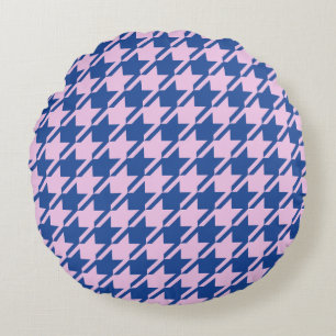 Houndstooth Pink+Blue Pattern Round Pillow