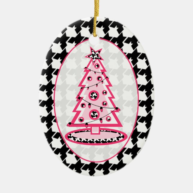 Houndstooth & Pink Christmas Tree Ceramic Ornament (Front)