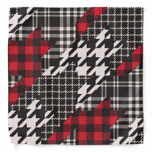 Houndstooth Plaid Pattern Patchwork Collage Bandana (Front)