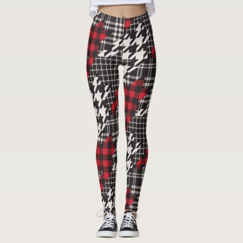 Houndstooth Plaid Pattern Patchwork Collage Leggings