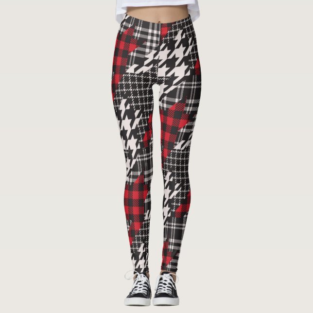 Houndstooth Plaid Pattern Patchwork Collage Leggings (Front)