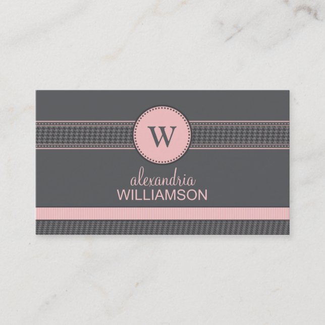 Houndstooth Ribbon Business Cards (grey/pink) (Front)