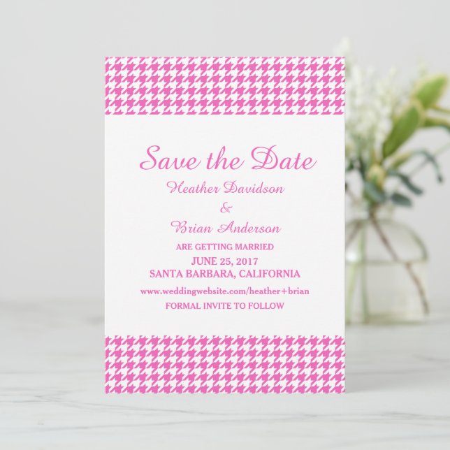Houndstooth Save the Date Invite, Pink Invitation (Standing Front)