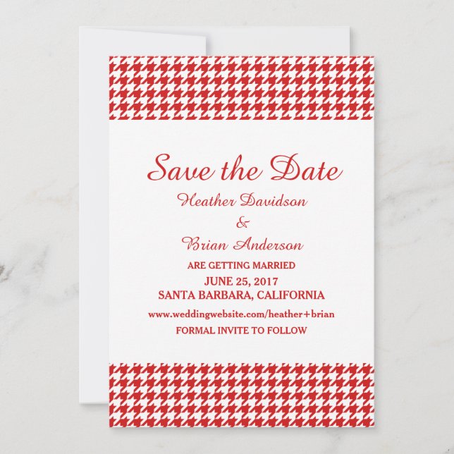 Houndstooth Save the Date Invite, Red Invitation (Front)