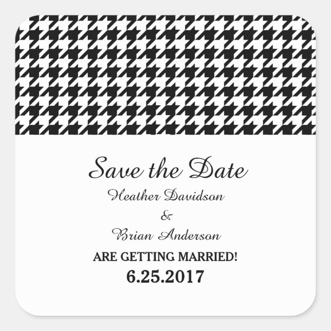 Houndstooth Save the Date Stickers, Black Square Sticker (Front)