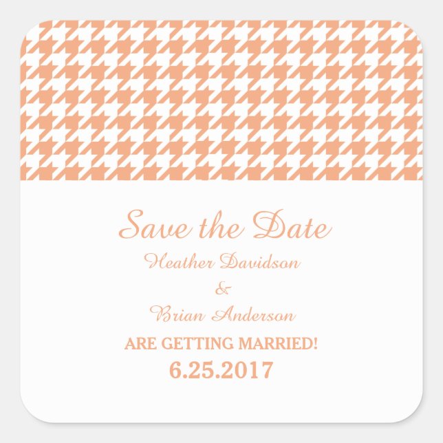 Houndstooth Save the Date Stickers, Orange Square Sticker (Front)