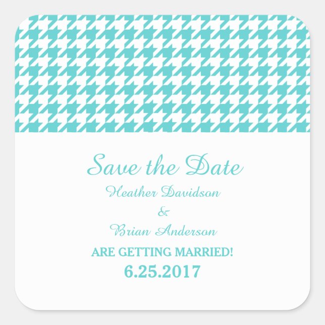 Houndstooth Save the Date Stickers, Turquoise Square Sticker (Front)