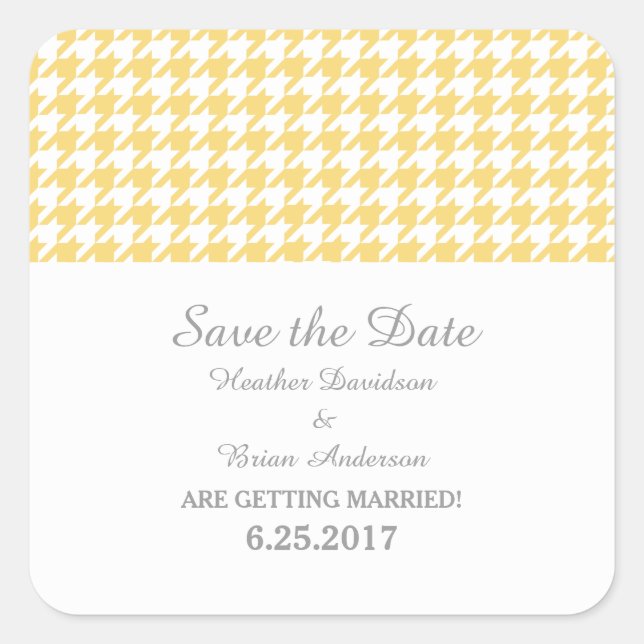 Houndstooth Save the Date Stickers, Yellow Square Sticker (Front)