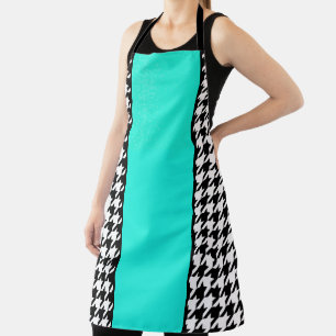 Houndstooth, teal, black, and white checkered apron