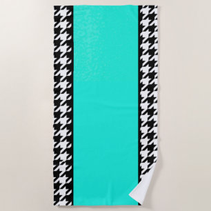 Houndstooth, teal, black, and white checkered beach towel