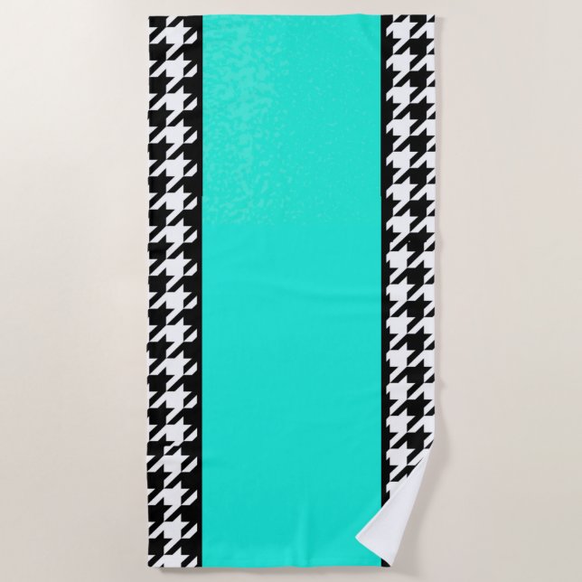 Houndstooth, teal, black, and white checkered   beach towel (Front)