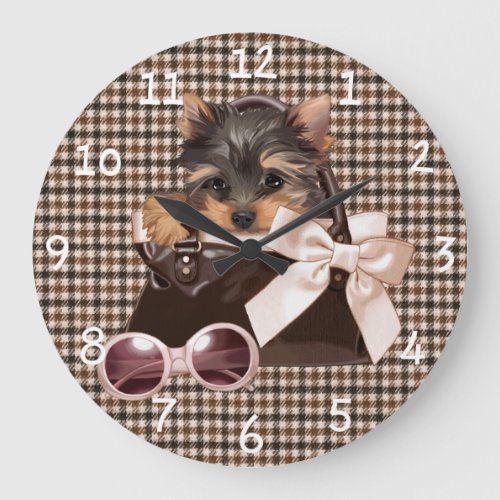 Houndstooth Yorkie Puppy Large Clock