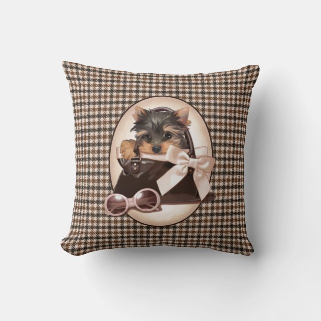 Houndstooth Yorkie Puppy Throw Pillow (Front)